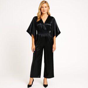 Jessica Simpson Black Satin Flutter Sleeve Jumpsuit Smocked Waist Wide Leg XS